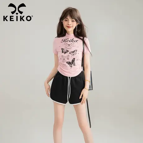 KEIKO 美式蝴蝶印花半高领短袖t恤女25夏季甜辣修身显瘦正肩上衣图片