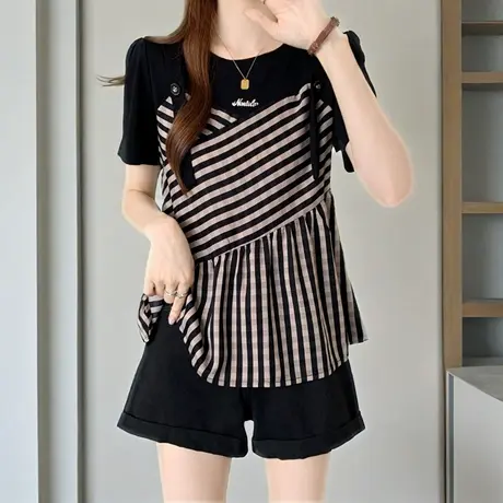 胖MM洋气质高级感短袖t恤女2025夏装爆款遮肉显瘦假两件条纹上衣图片