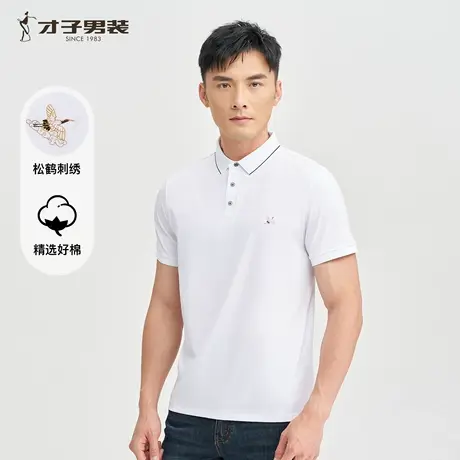 才子白色短袖POLO衫男2025夏季新款透气修身商务休闲翻领半袖T恤商品大图