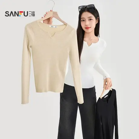 三福打底毛衫2025秋季小V领坑条修身针织衫上衣女装502502商品大图