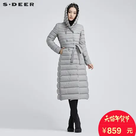 sdeer圣迪奥2018冬装纯色连帽睡衣风腰带长款羽绒服女S16482485图片
