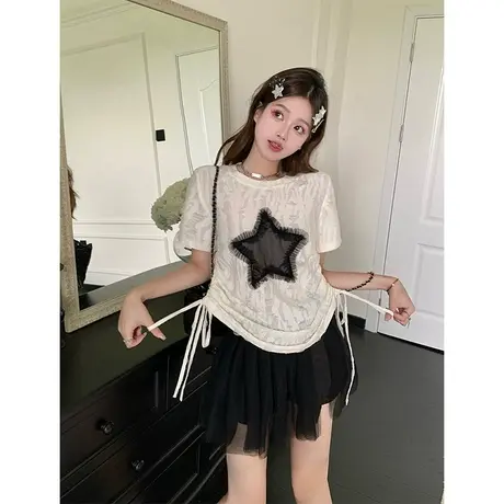 多巴胺小众设计感星星短袖T恤女夏季新款美式复古辣妹抽绳上衣潮商品大图