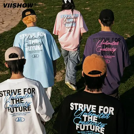 VIISHOW2024夏季美式国潮印花短袖T恤男宽松情侣街头复古休闲上衣图片