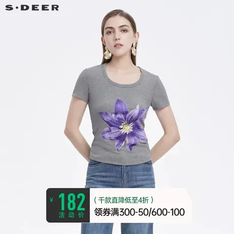 sdeer圣迪奥夏装休闲圆领撞色印花基本款短袖T恤S22280193🚩商品大图