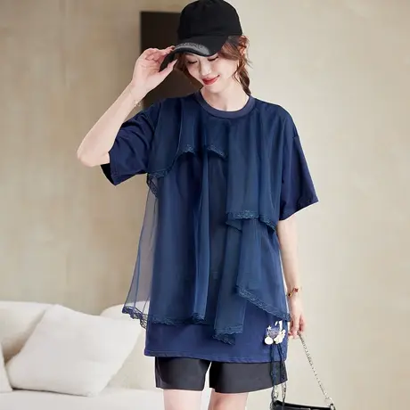 宝诗黎中长款网纱拼接T恤女2025夏季洋气设计感休闲百搭短袖上衣图片