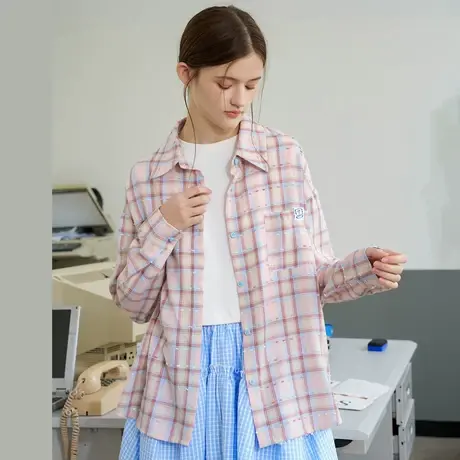 a02百搭设计感显瘦提花粉格衬衫2025春季小清新宽松翻领女式衬衫图片