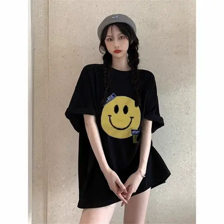 韩版黑色笑脸印花短袖T恤女2025夏季新款中长款纯棉半袖上衣遮肚商品大图