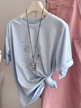 趣味小狗！彩色手滑涂鸦印花薄款透气雪花棉减龄百搭短袖T恤女夏商品大图