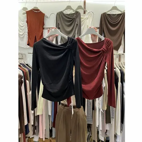 chic甜辣褶皱斜领长袖T恤女秋冬德绒磨毛加厚修身打底衫内搭上衣商品大图