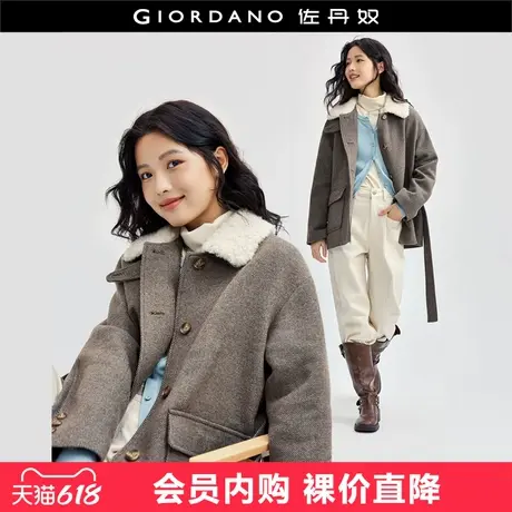 佐丹奴粗花呢外套女夹棉保暖棉服英伦风毛领绑带棉衣夹克18374613图片