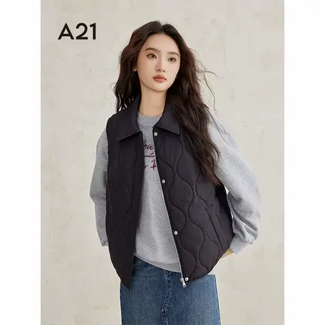 A21女装黑色无袖棉衣2024冬季新款简约马甲暗扣羽绒棉POLO领棉服商品大图