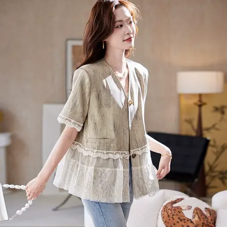 宝诗黎亮片蕾丝拼接短袖外套2025夏季韩系时尚轻职百搭气质上衣女商品大图