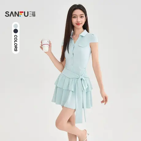 三福连衣裙2025夏季绑带收腰A摆衬衫裙连身蛋糕裙女装506579商品大图