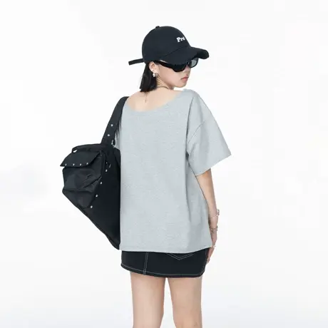 灰色一字领斜肩短袖T恤女夏季新款美式辣妹宽松休闲露肩半袖上衣图片
