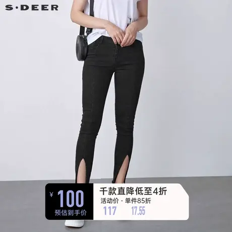 sdeer圣迪奥女装春装黑色拼接开衩毛边休闲紧身牛仔长裤S20380818🐯商品大图