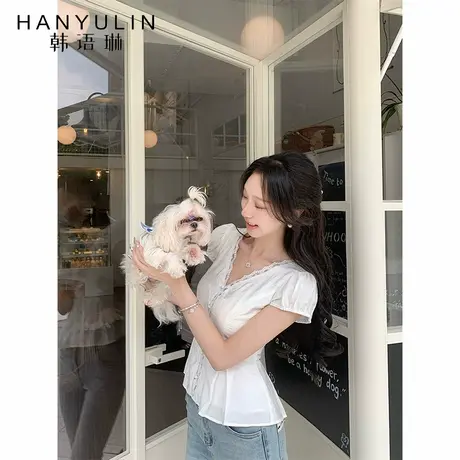 韩语琳 6/18 法式蕾丝收腰衬衫女夏日穿搭韩系白色V领上衣2025商品大图