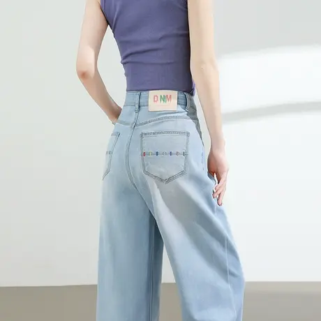 刺绣直筒牛仔裤女夏季薄款高腰宽松显瘦垂感小个子八九分阔腿裤子商品大图