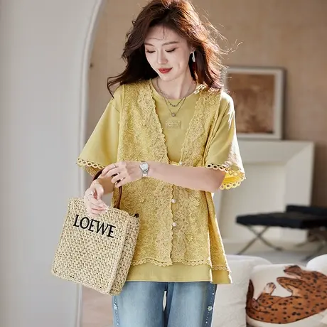 宝诗黎两件套宽松蕾丝马甲T恤2025夏季韩版洋气休闲百搭棉质短袖商品大图