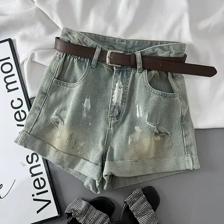 韩系喷漆破洞高腰牛仔短裤女辣妹夏季新款时尚百搭卷边a字热裤潮图片