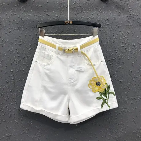 欧货时尚立体刺绣牛仔短裤女2025夏季新款高腰遮肉显瘦阔腿热裤潮图片
