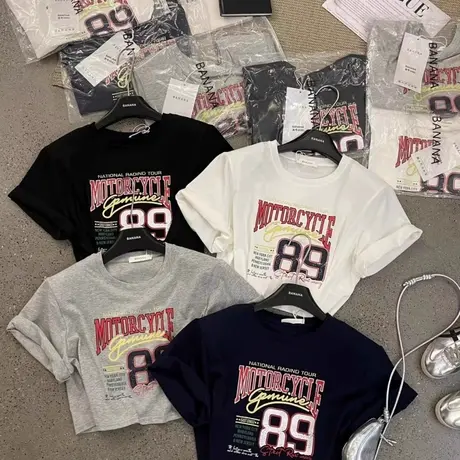 十三行2025夏季新款美式字母印花短款垫肩T恤女辣妹短袖圆领上衣商品大图