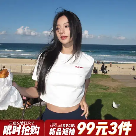 简约风高级感字母印花白色正肩t恤女短袖高街超火显瘦短款上衣夏商品大图