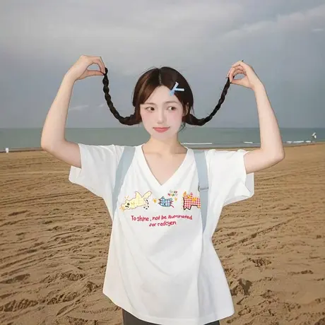 oversize超火大码正肩白色v领t恤短袖港味复古chic上衣女夏遮肚商品大图