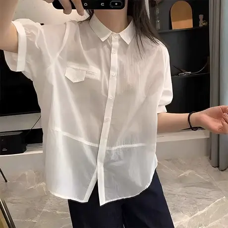 法式高级感薄款短袖白色衬衫女2025新款夏季宽松显瘦气质独特上衣商品大图