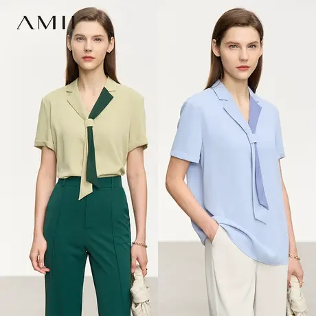 Amii2025夏新款极简通勤风V领翻领撞色领带不可拆短袖雪纺衫女商品大图