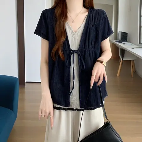 薄款牛仔拼接衬衫女短袖夏季新款大码胖MM宽松遮肚子假两件女上衣商品大图