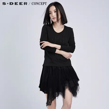sdeer圣迪奥2018春装女装疏落贴片绣花长袖T恤S16380223图片