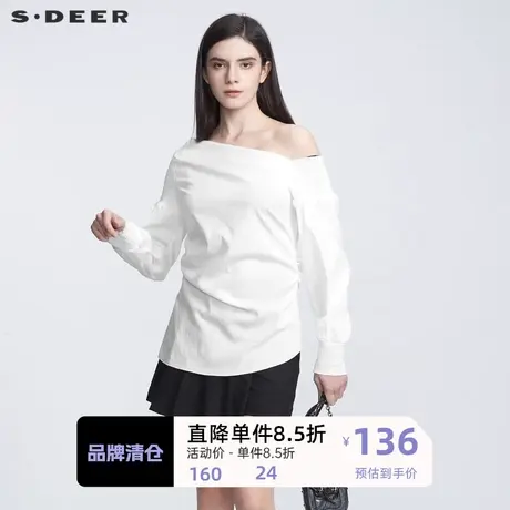 sdeer圣迪奥优雅一字领不规则松紧拼接衬衫S21180502图片