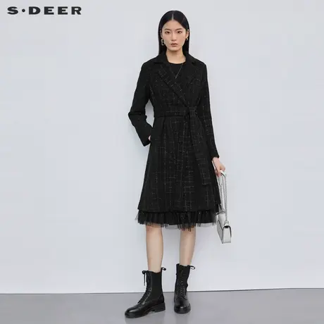 sdeer圣迪奥女装春装翻领肌理格纹收腰网纱冬季毛呢大衣S223Z1853图片