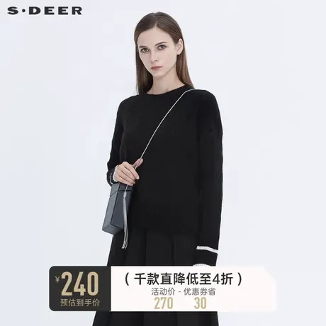 sdeer圣迪奥冬季罗纹圆领花样针织撞色拼接休闲黑色毛衣S20463545图片