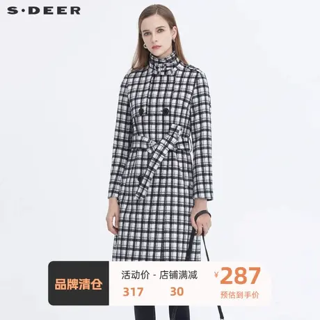 sdeer圣迪奥女装复古立领撞色格纹收腰毛呢大衣S20481812图片