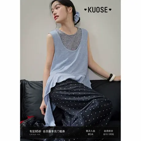 阔色假两件针织无袖T恤女2025新款夏日不规则叠穿背心上衣蓝色图片