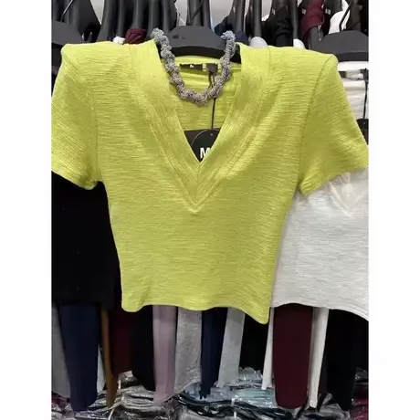 韩国东大门春夏季新款短款纯色百搭V领修身显瘦垫肩短袖T恤上衣女商品大图