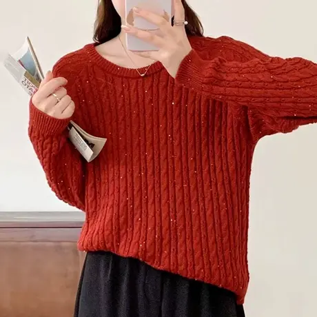 春装2024早春新款上衣宽松薄款粉色针织衫女毛衣外套初春时尚洋气商品大图