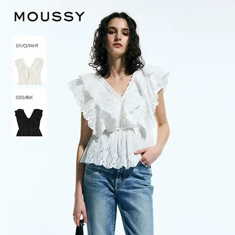 MOUSSY 2025夏季新品海边度假风层叠边短袖V领衬衫010IS730-6131商品大图