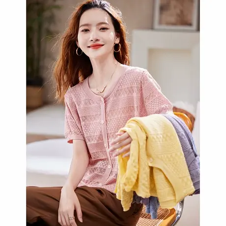 宝诗黎圆领镂空短袖针织衫女2025夏季韩系简约气质慵懒休闲上衣图片