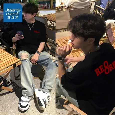 G2真维斯男装重磅纯棉圆领宽松短袖t恤2025夏季新品学生印花体恤图片