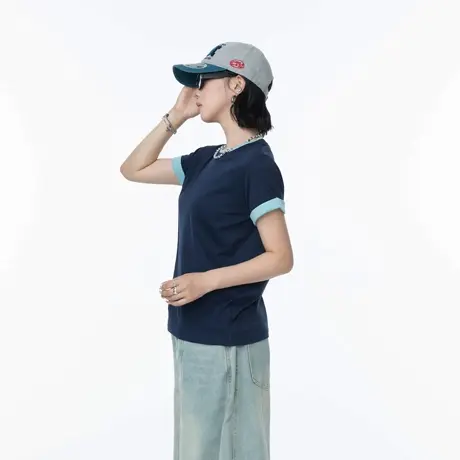 撞色拼接假两件短款正肩短袖T恤女夏季新款修身显瘦情侣半袖上衣图片