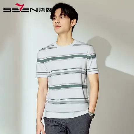 【高端系列】柒牌条纹圆领短袖T恤 2025夏季新款男士高弹休闲上衣图片