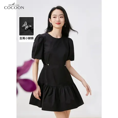 miss COCOON法式泡泡袖连衣裙女2023新款夏季镂空设计感a字小黑裙商品大图