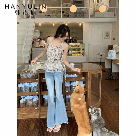 韩语琳 6/18 浅蓝色蝴蝶结微喇牛仔裤女修身显瘦休闲气质百搭长裤商品大图