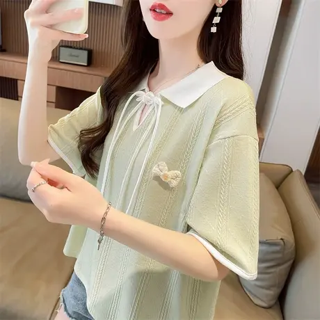 翻领polo衫短袖t恤女夏季韩版宽松大码女装设计感小众蝴蝶结上衣图片