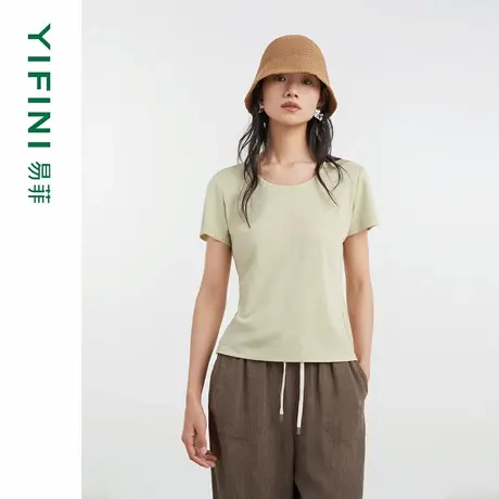 [专柜同款]Yifini/易菲天丝三醋酸混纺修身短款时尚T恤通勤上衣女图片