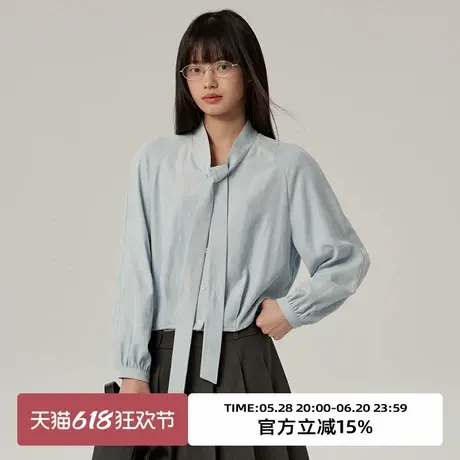 omont蛋挞家 气质设计感系带长袖衬衫2025春季小众宽松短款衬衣女商品大图