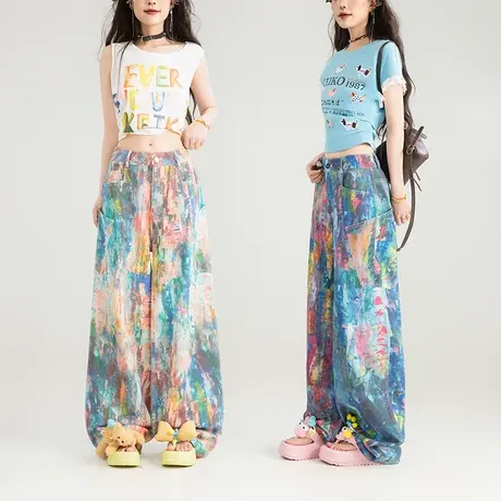 KEIKO 夏日调色盘涂绘花色牛仔裤薄款夏季多巴胺穿搭阔腿裤弯刀裤商品大图