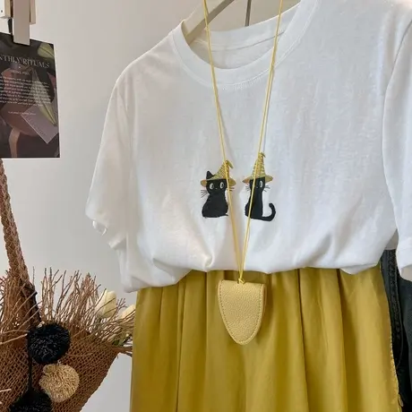 超可爱两只小黑猫！韩国复古减龄软糯凉感透气棉显瘦短袖t恤女夏商品大图